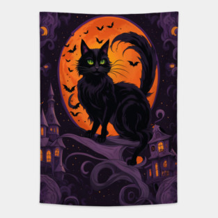 Haunted House Halloween Black Cat Tapestry