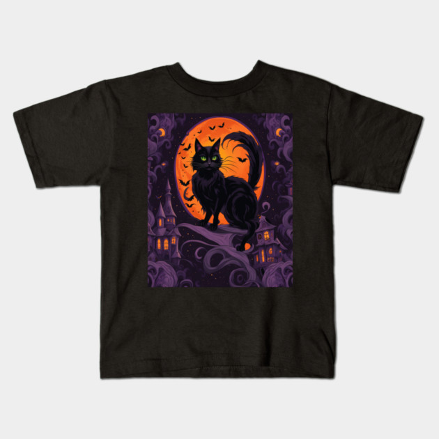 Haunted House Halloween Black Cat Kids T-Shirt by BirdsnStuff