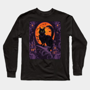 Haunted House Halloween Black Cat Long Sleeve T-Shirt
