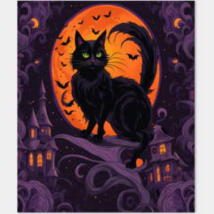 Haunted House Halloween Black Cat Posters and Art