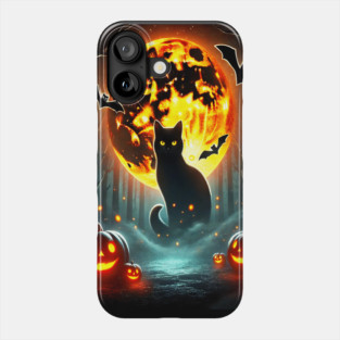 Halloween Cat, Orange Moon, and Bats, and Scary Pumpkins Phone Case