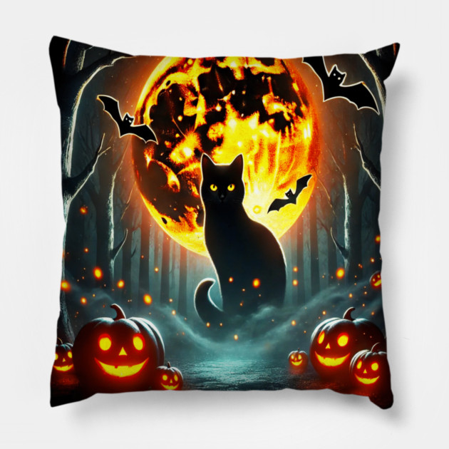 Halloween Cat, Orange Moon, and Bats, and Scary Pumpkins Pillow by BirdsnStuff