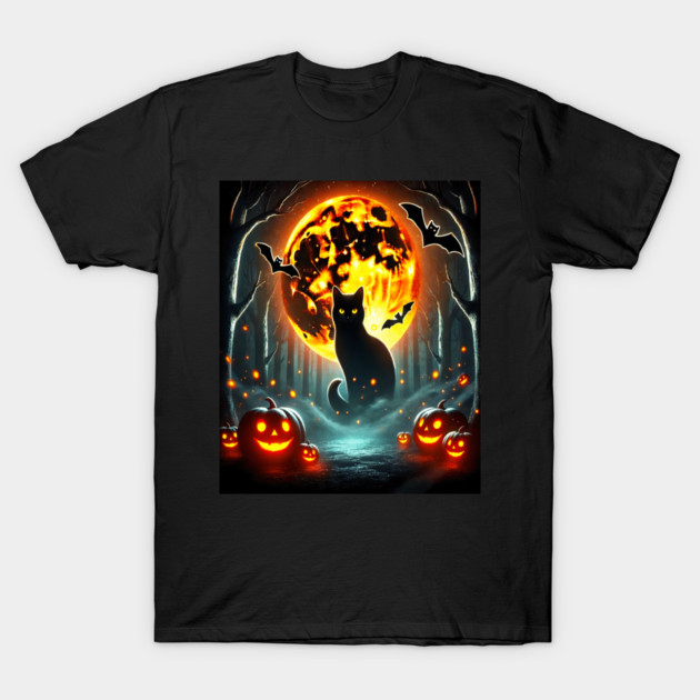 Halloween Cat, Orange Moon, and Bats, and Scary Pumpkins T-Shirt by BirdsnStuff