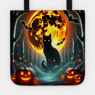 Halloween Cat, Orange Moon, and Bats, and Scary Pumpkins Tote