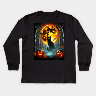 Halloween Cat, Orange Moon, and Bats, and Scary Pumpkins Kids Long Sleeve T-Shirt