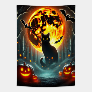 Halloween Cat, Orange Moon, and Bats, and Scary Pumpkins Tapestry