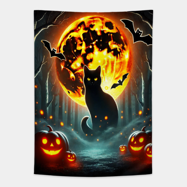 Halloween Cat, Orange Moon, and Bats, and Scary Pumpkins Tapestry by BirdsnStuff