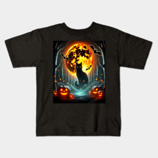 Halloween Cat, Orange Moon, and Bats, and Scary Pumpkins Kids T-Shirt
