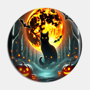 Halloween Cat, Orange Moon, and Bats, and Scary Pumpkins Pin