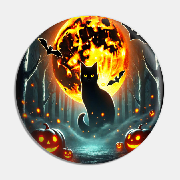 Halloween Cat, Orange Moon, and Bats, and Scary Pumpkins Pin by BirdsnStuff