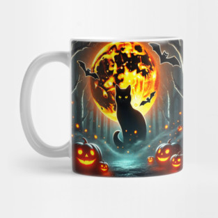 Halloween Cat, Orange Moon, and Bats, and Scary Pumpkins Mug
