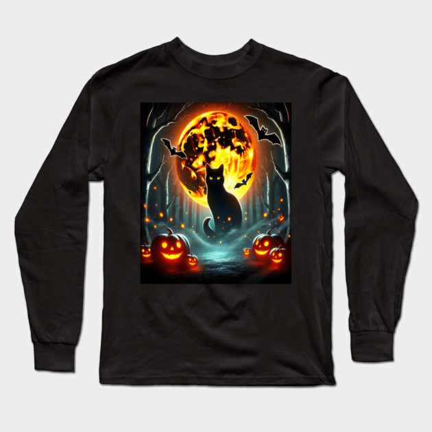 Halloween Cat, Orange Moon, and Bats, and Scary Pumpkins Long Sleeve T-Shirt by BirdsnStuff