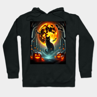 Halloween Cat, Orange Moon, and Bats, and Scary Pumpkins Hoodie