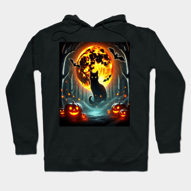 Halloween Cat, Orange Moon, and Bats, and Scary Pumpkins Hoodie by BirdsnStuff