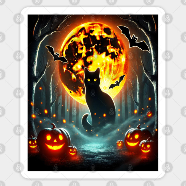 Halloween Cat, Orange Moon, and Bats, and Scary Pumpkins Sticker by BirdsnStuff