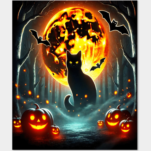 Halloween Cat, Orange Moon, and Bats, and Scary Pumpkins Wall Art by BirdsnStuff