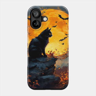 Black Cat in a Dark Forest with Orange Glowing Moon Phone Case