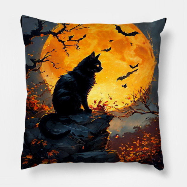 Black Cat in a Dark Forest with Orange Glowing Moon Pillow by BirdsnStuff