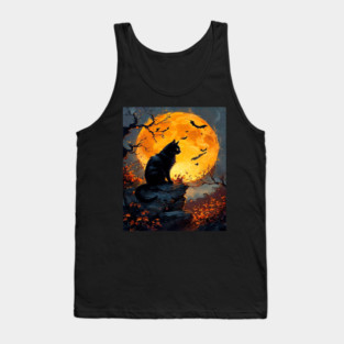 Black Cat in a Dark Forest with Orange Glowing Moon Tank Top