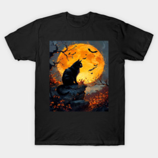 Black Cat in a Dark Forest with Orange Glowing Moon T-Shirt