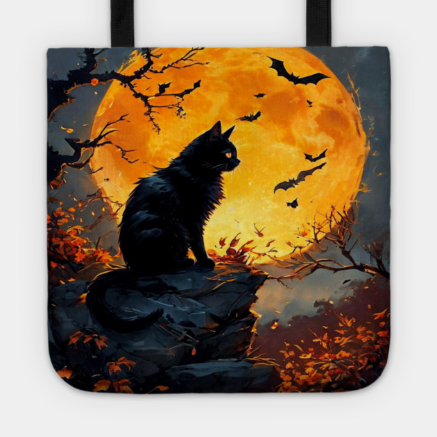 Black Cat in a Dark Forest with Orange Glowing Moon Tote by BirdsnStuff