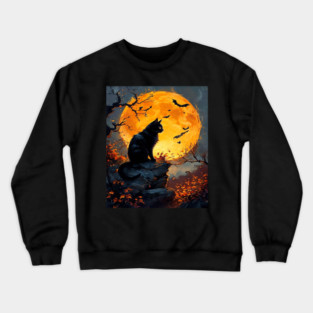Black Cat in a Dark Forest with Orange Glowing Moon Crewneck Sweatshirt