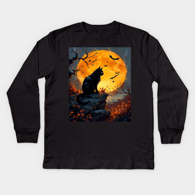 Black Cat in a Dark Forest with Orange Glowing Moon Kids Long Sleeve T-Shirt by BirdsnStuff