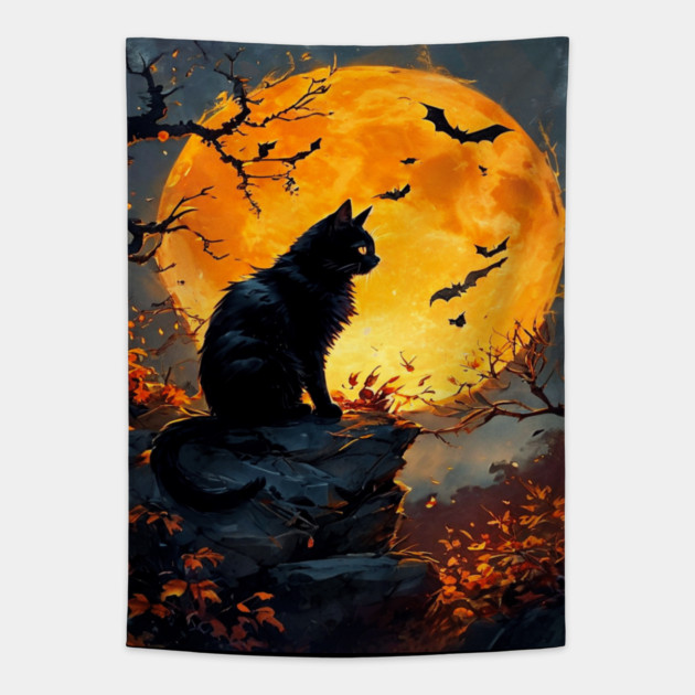 Black Cat in a Dark Forest with Orange Glowing Moon Tapestry by BirdsnStuff