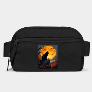 Black Cat in a Dark Forest with Orange Glowing Moon Bag