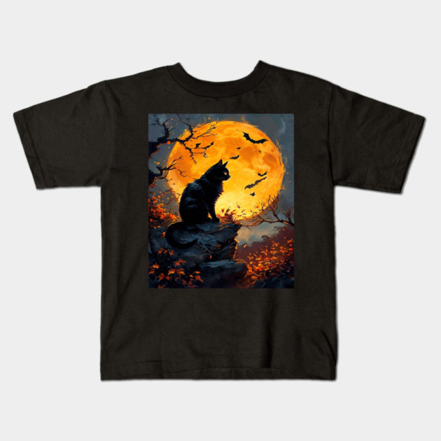 Black Cat in a Dark Forest with Orange Glowing Moon Kids T-Shirt by BirdsnStuff