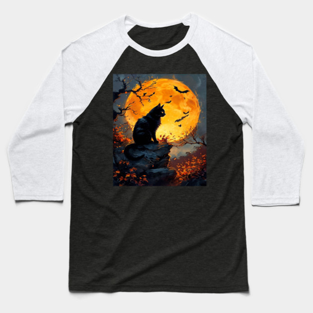 Black Cat in a Dark Forest with Orange Glowing Moon Baseball T-Shirt by BirdsnStuff