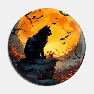 Black Cat in a Dark Forest with Orange Glowing Moon Pin