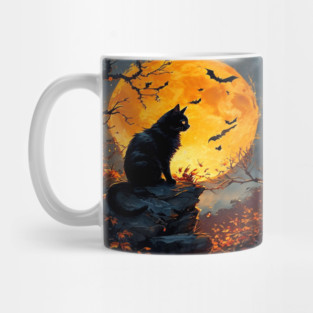 Black Cat in a Dark Forest with Orange Glowing Moon Mug
