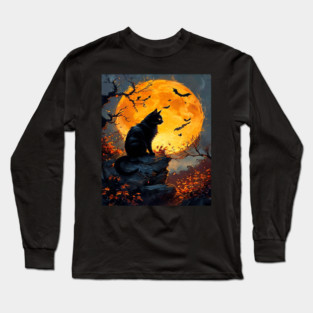 Black Cat in a Dark Forest with Orange Glowing Moon Long Sleeve T-Shirt