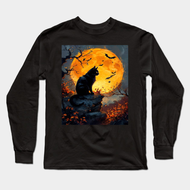 Black Cat in a Dark Forest with Orange Glowing Moon Long Sleeve T-Shirt by BirdsnStuff