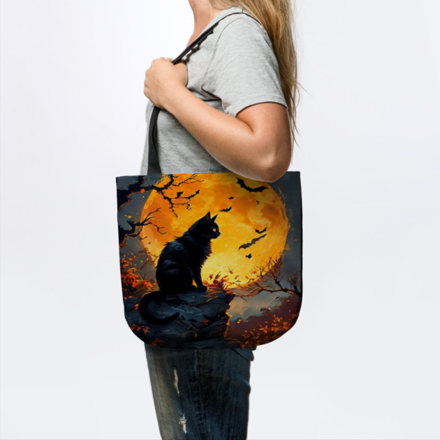 Black Cat in a Dark Forest with Orange Glowing Moon by BirdsnStuff