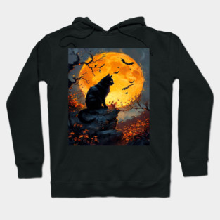 Black Cat in a Dark Forest with Orange Glowing Moon Hoodie