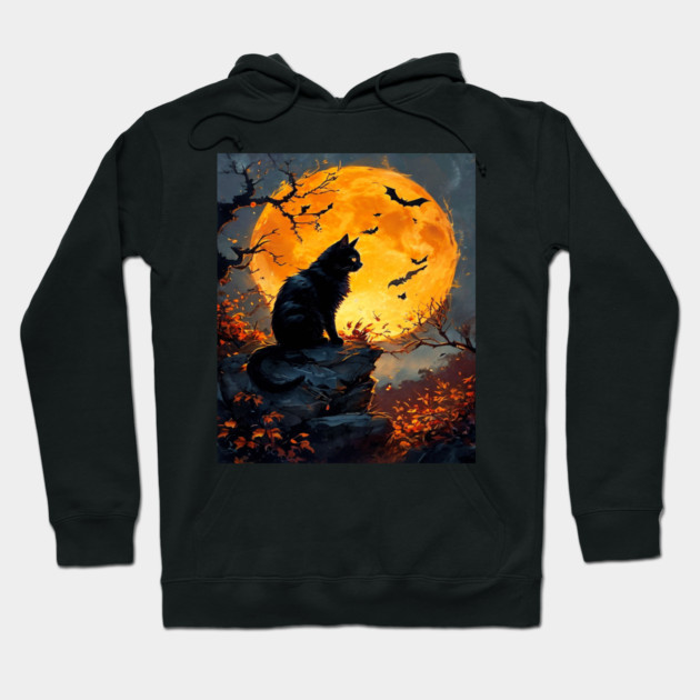 Black Cat in a Dark Forest with Orange Glowing Moon Hoodie by BirdsnStuff
