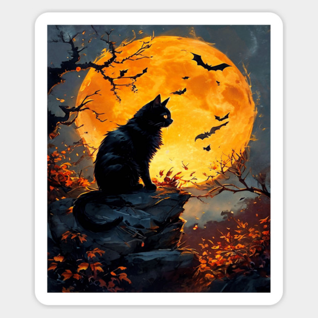 Black Cat in a Dark Forest with Orange Glowing Moon Magnet by BirdsnStuff
