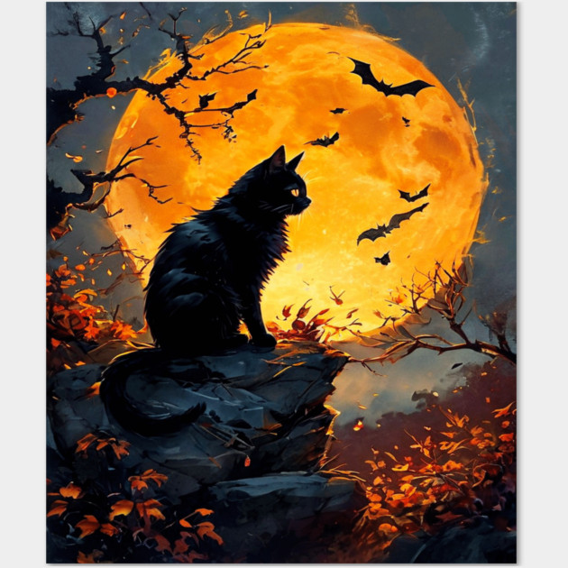 Black Cat in a Dark Forest with Orange Glowing Moon Wall Art by BirdsnStuff