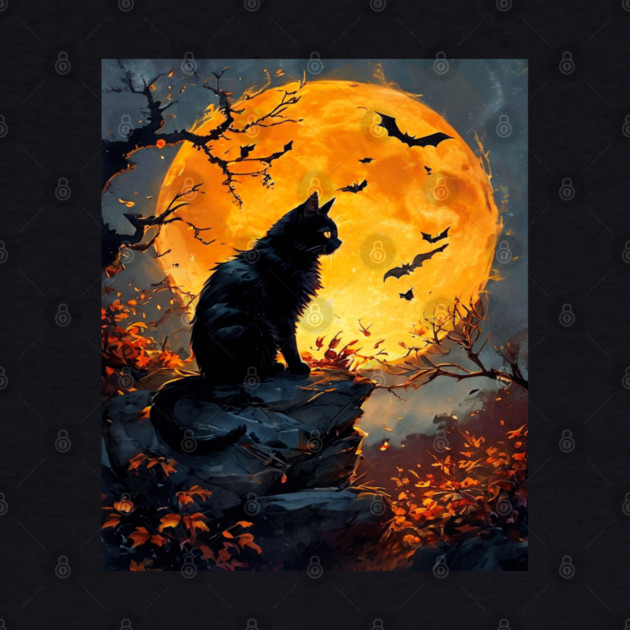 Black Cat in a Dark Forest with Orange Glowing Moon by BirdsnStuff