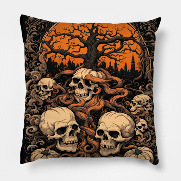Halloween Graphic design and Artistic skull illustration Pillow by BirdsnStuff