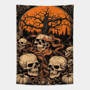 Halloween Graphic design and Artistic skull illustration Tapestry