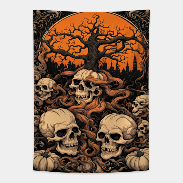 Halloween Graphic design and Artistic skull illustration Tapestry by BirdsnStuff