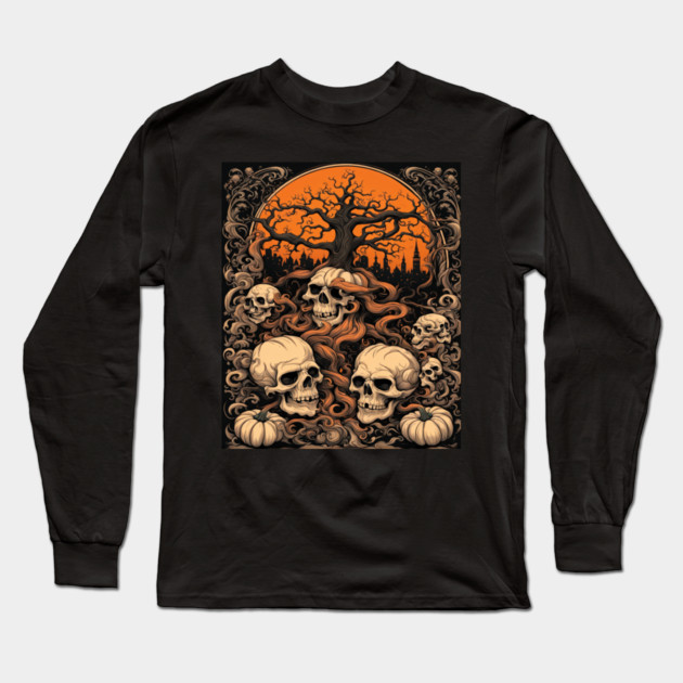 Halloween Graphic design and Artistic skull illustration Long Sleeve T-Shirt by BirdsnStuff