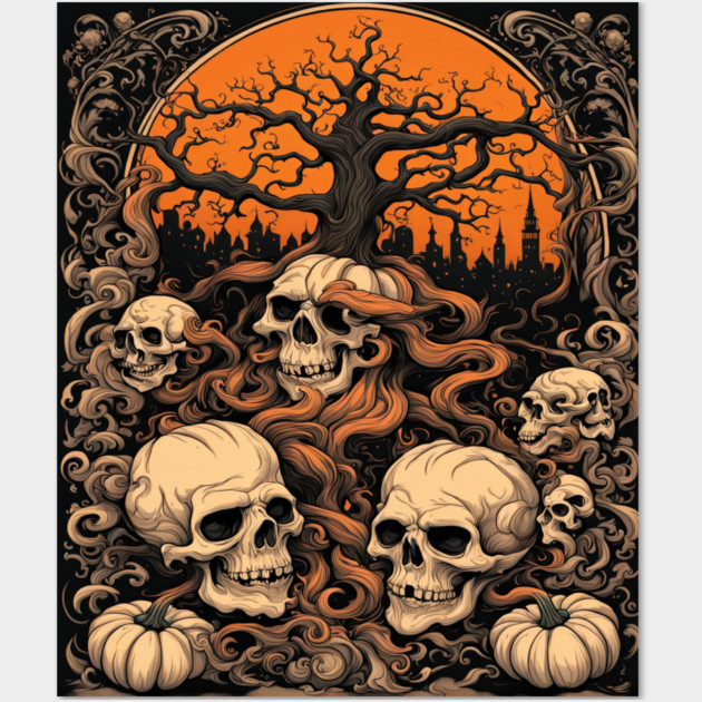 Halloween Graphic design and Artistic skull illustration Wall Art by BirdsnStuff