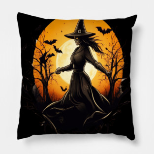 Halloween Witch Floating in a Creepy Forest with Bats Pillow