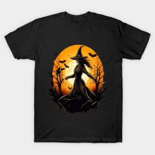 Halloween Witch Floating in a Creepy Forest with Bats T-Shirt