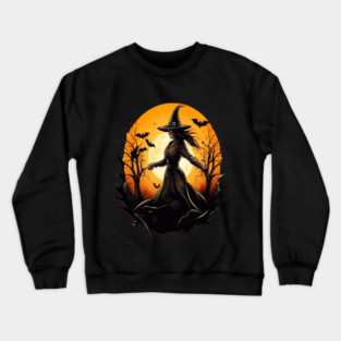 Halloween Witch Floating in a Creepy Forest with Bats Crewneck Sweatshirt