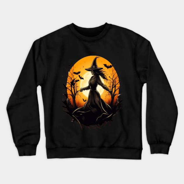Halloween Witch Floating in a Creepy Forest with Bats Crewneck Sweatshirt by BirdsnStuff